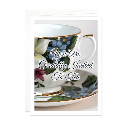 Tea Invitation Card - Blue Flower Tea Cup - 5 Card Pack