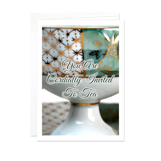 Tea Invitation Card - Green and Gold Tea Cup - 5 Card Pack